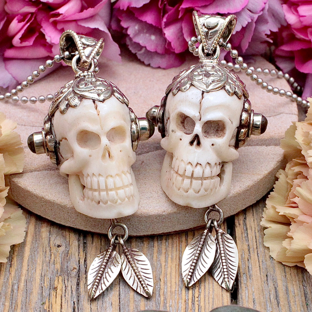 Bone Skull with Labradorite Pendant - Tibetan Silver