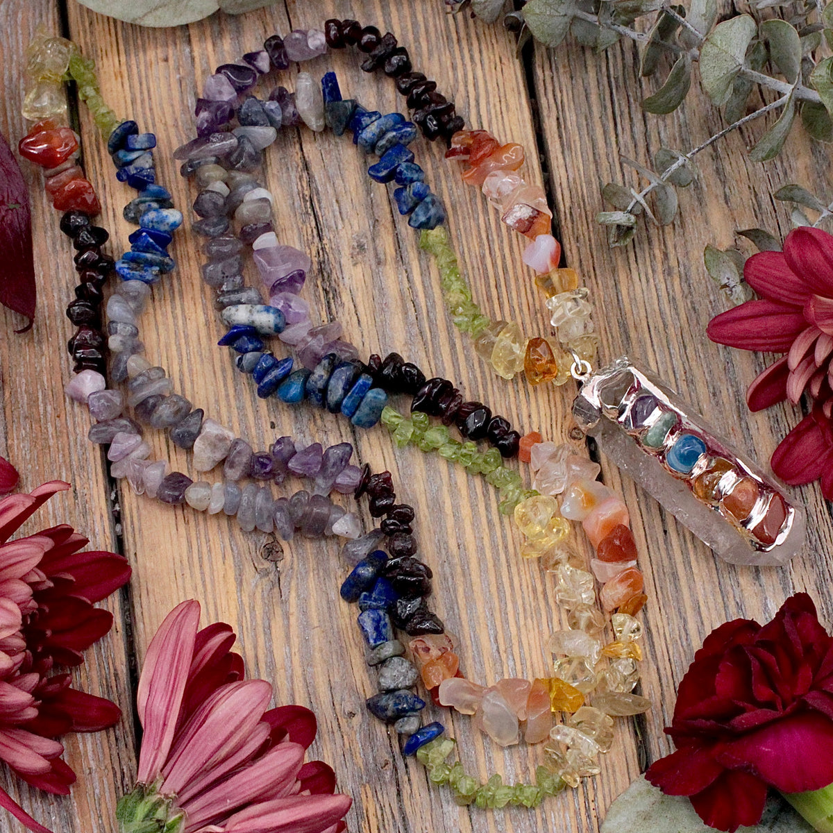 Chakra Chip Necklace with Chakra Quartz Point