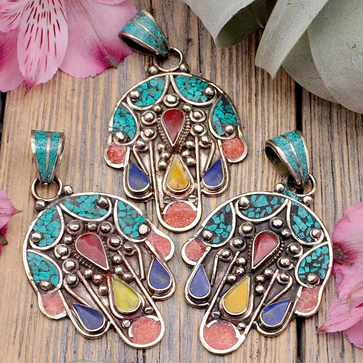 Mosaic Hamsa Pendant - Tibetan Silver