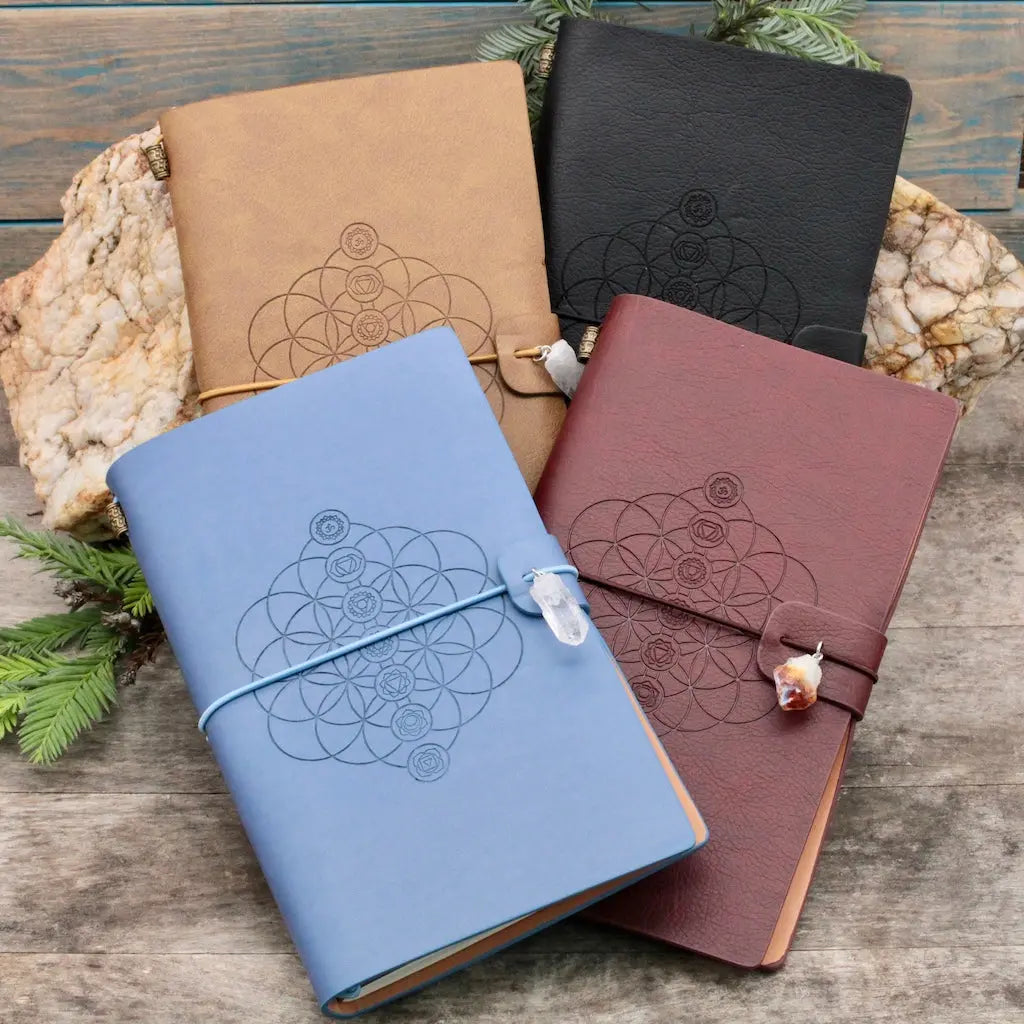 Leather Bound Crystal Journal - Chakra Flower of Life Design