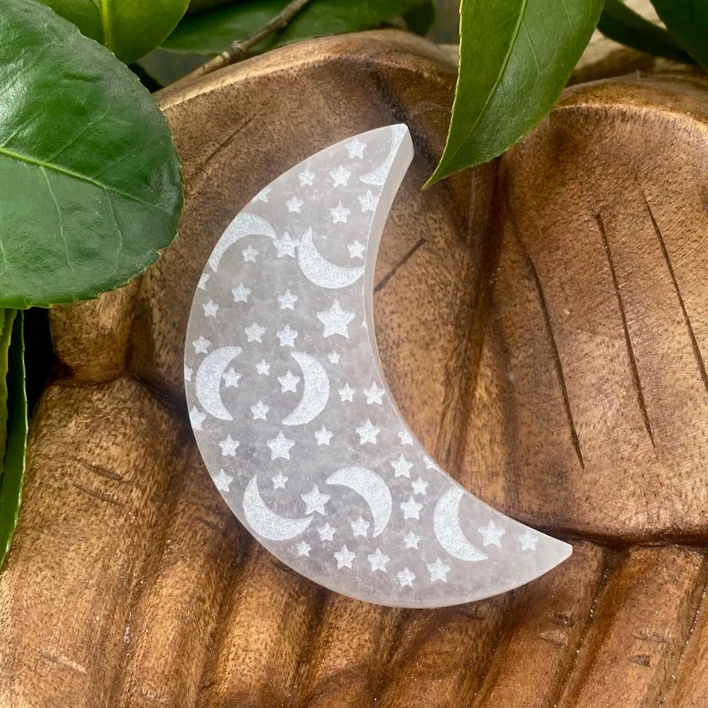Selenite Moon With Etched Stars and Moons - Small