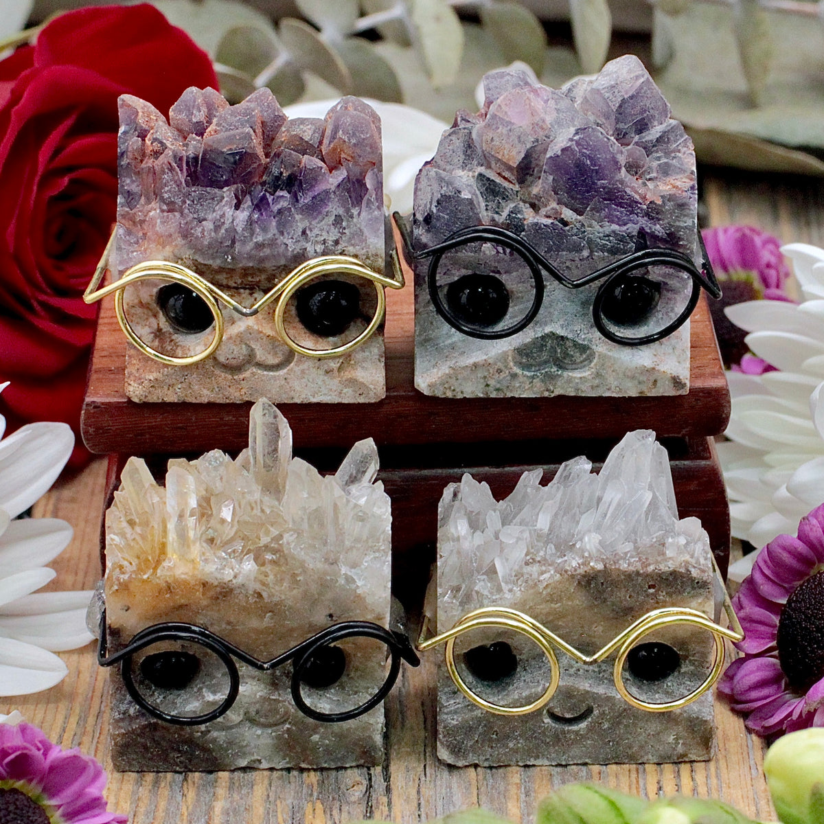 Amethyst or Quartz Crystal Cutie with Glasses