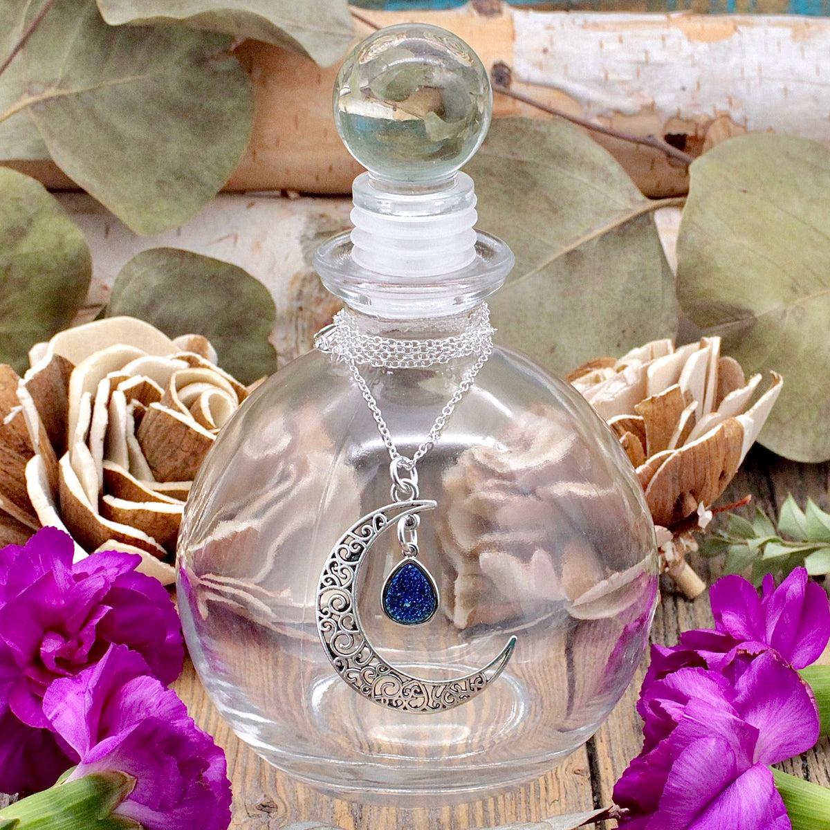 Glass Moon Water Bottle with Filigree Moon Necklace