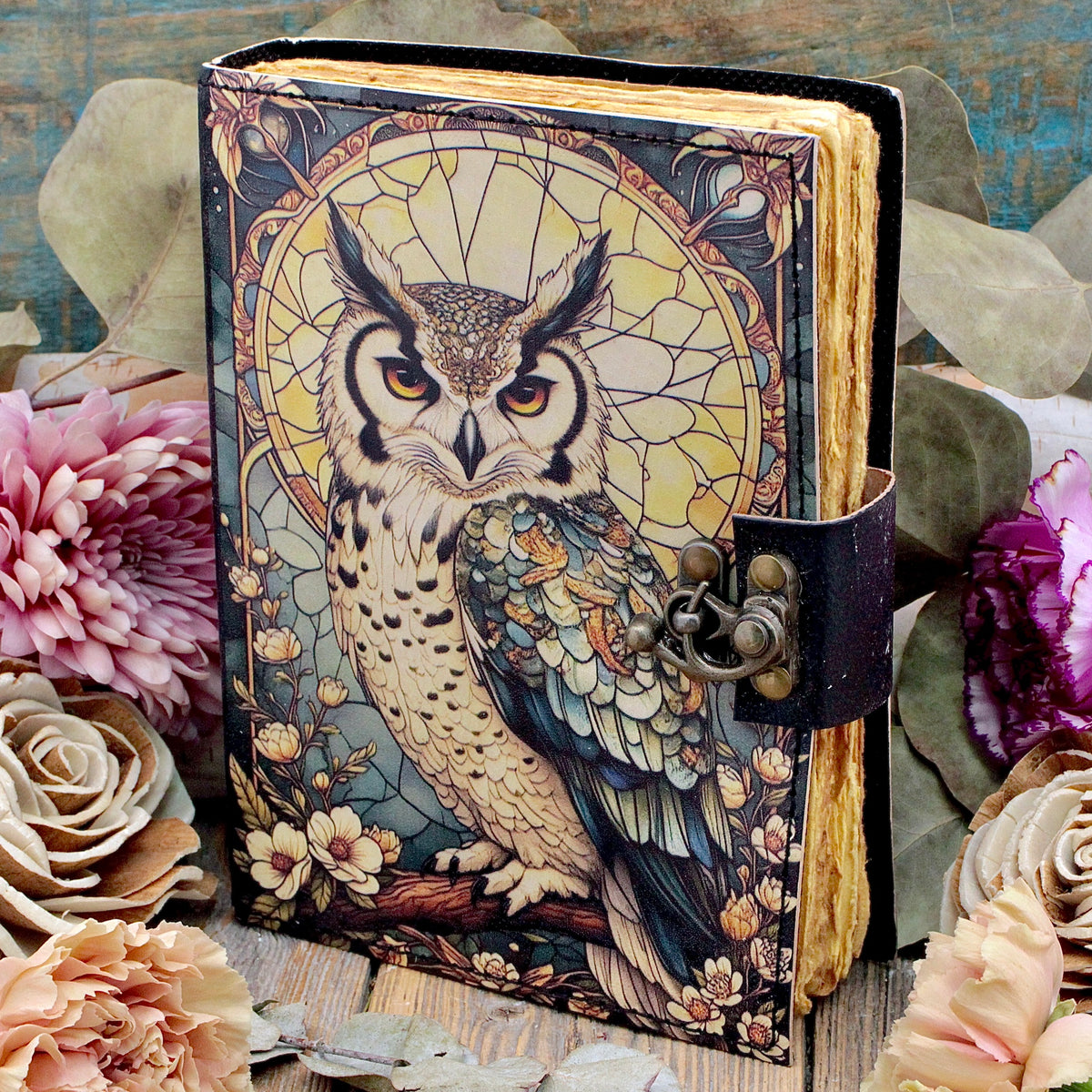 Owl Journal with Aged Blank Pages and Metal Clasp