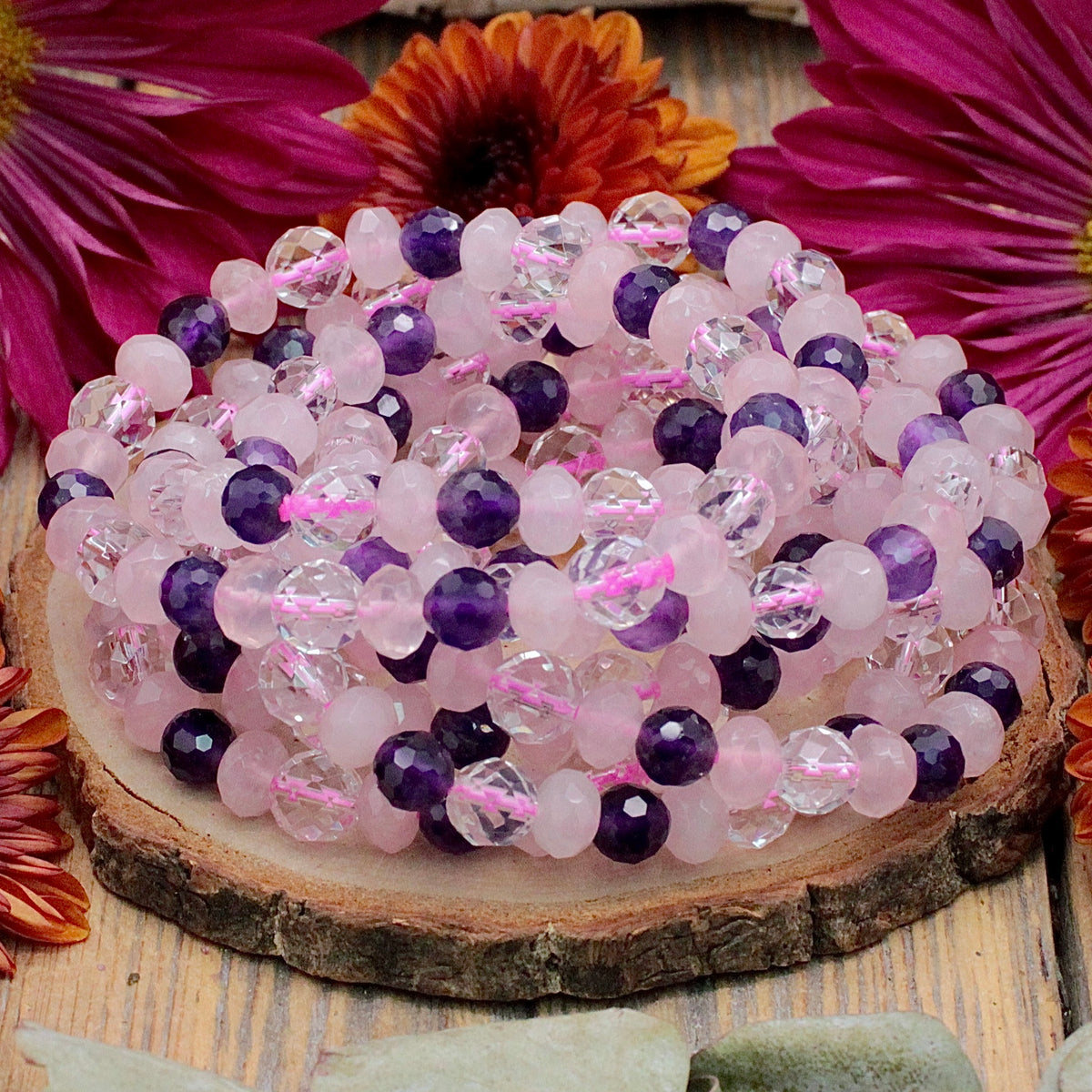Amethyst, Rose Quartz and Quartz Faceted Bracelet - 6mm