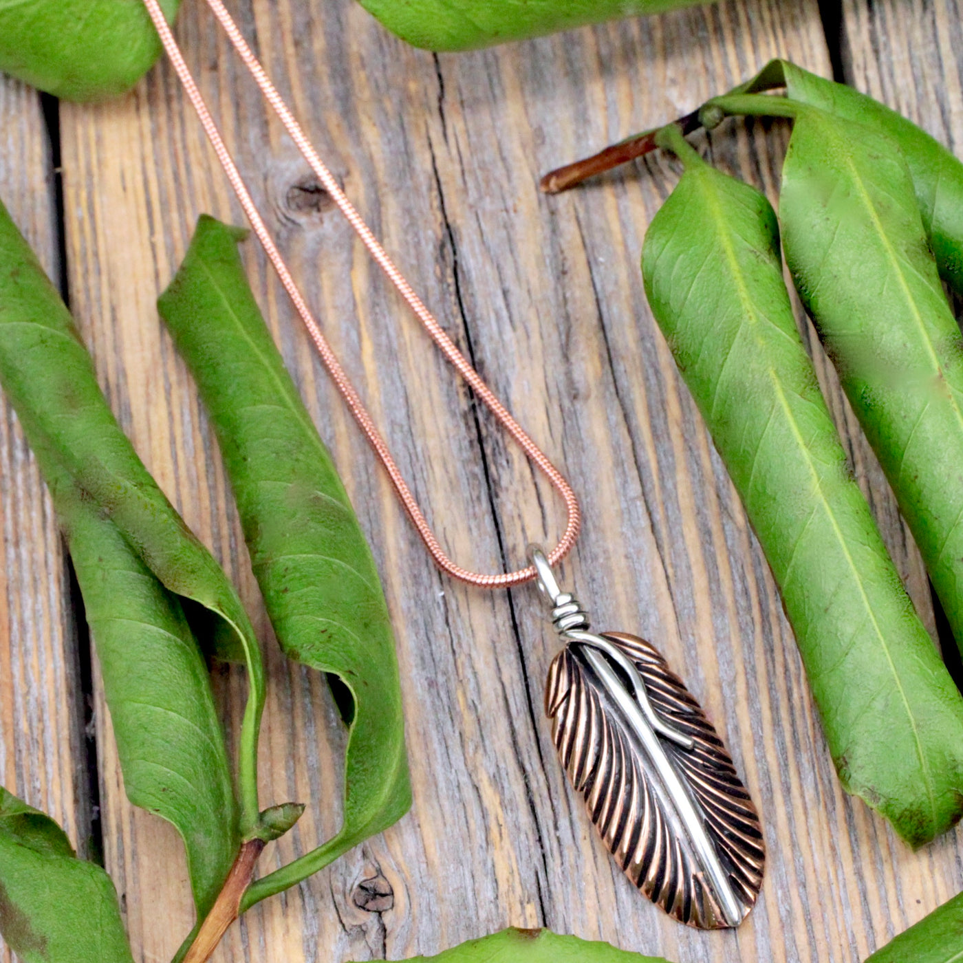 Feather Pendant Silver Copper Mixed Metal 