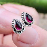 Garnet Stud Earrings - Silverwork - Sterling Silver