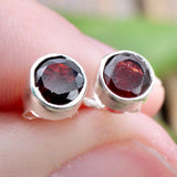Garnet Round Stud Earrings - Sterling Silver