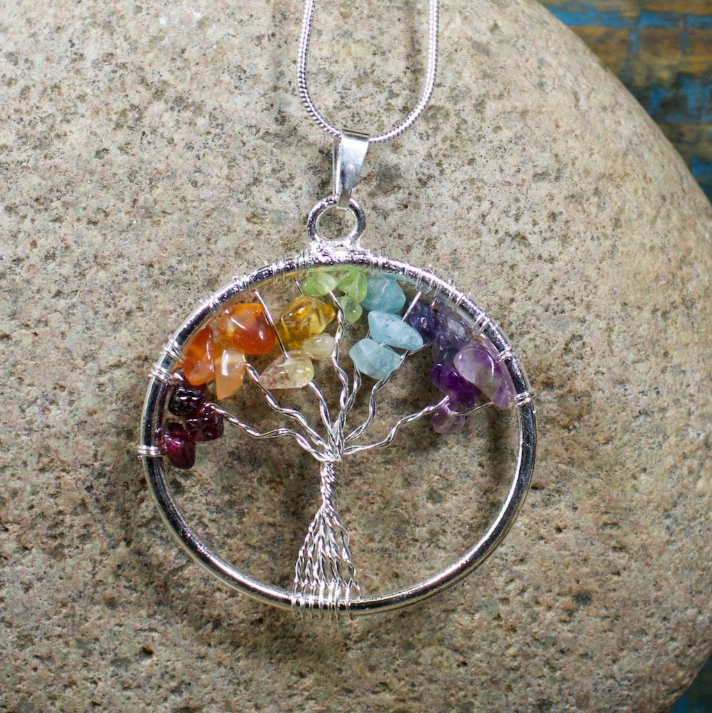 Chakra Tree Of Live Pendant with Garnet Carnelian Citrine Peridot Aquamarine Iolite and Amethyst
