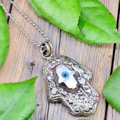 Mother of Pearl Hamsa with Evil Eye Pendant - Small