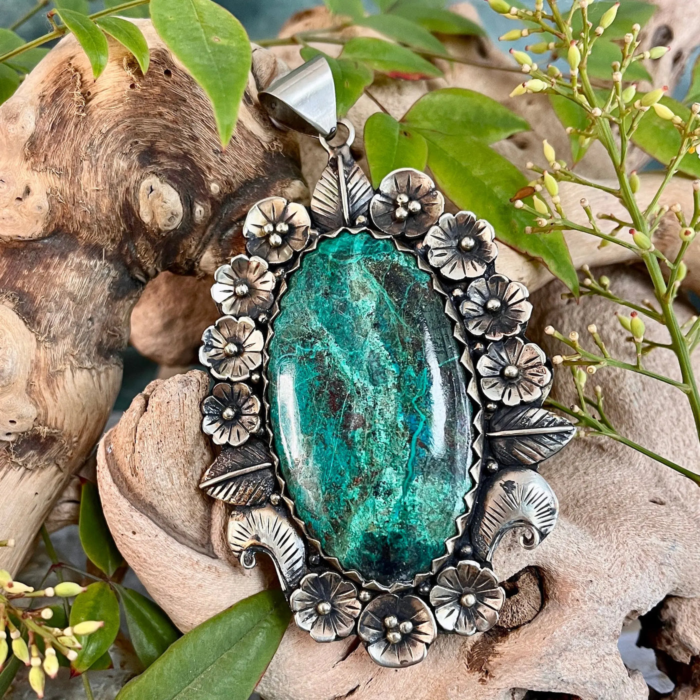 Tibetan Turquoise Pendant with Floral Design - Large