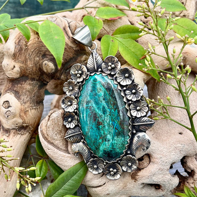 Tibetan Turquoise Pendant with Floral Design - Large