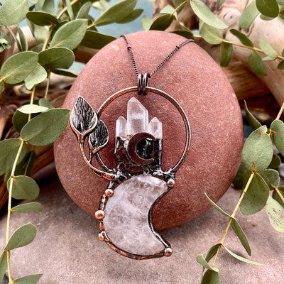 Quartz Moon Flower Necklace with Quartz Points