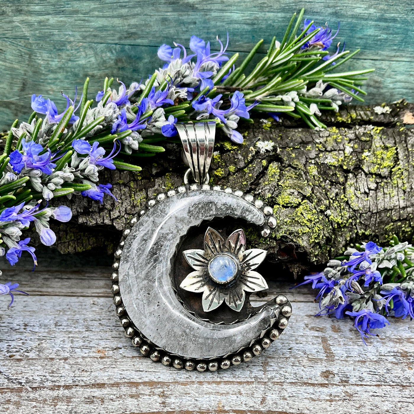 Quartz Moon and Flower Pendant