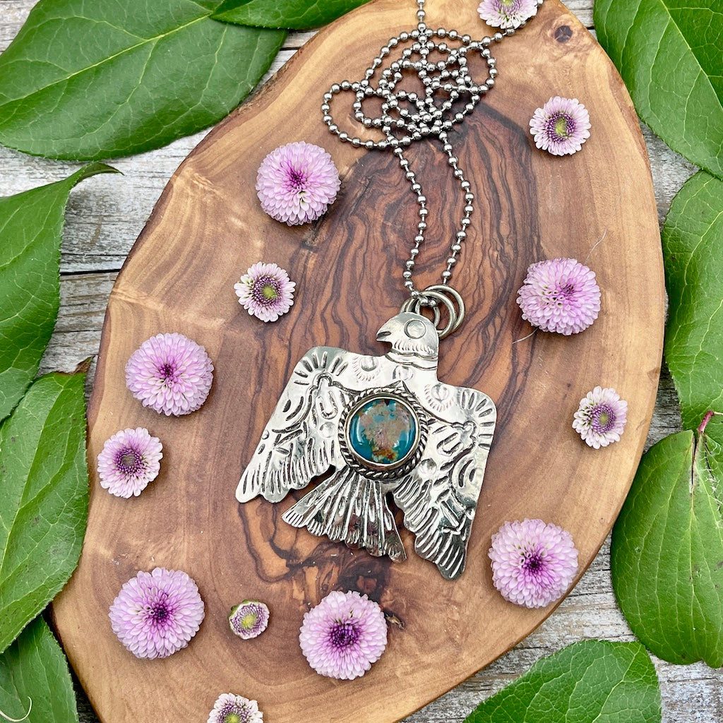 Turquoise Cabochon Eagle Pendant - Tibetan Silver