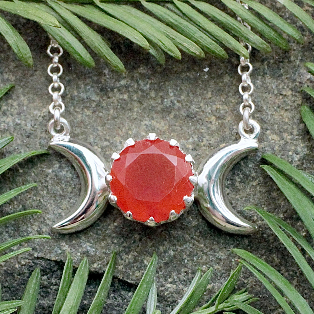 Carnelian Triple Moon Necklace Sterling Silver