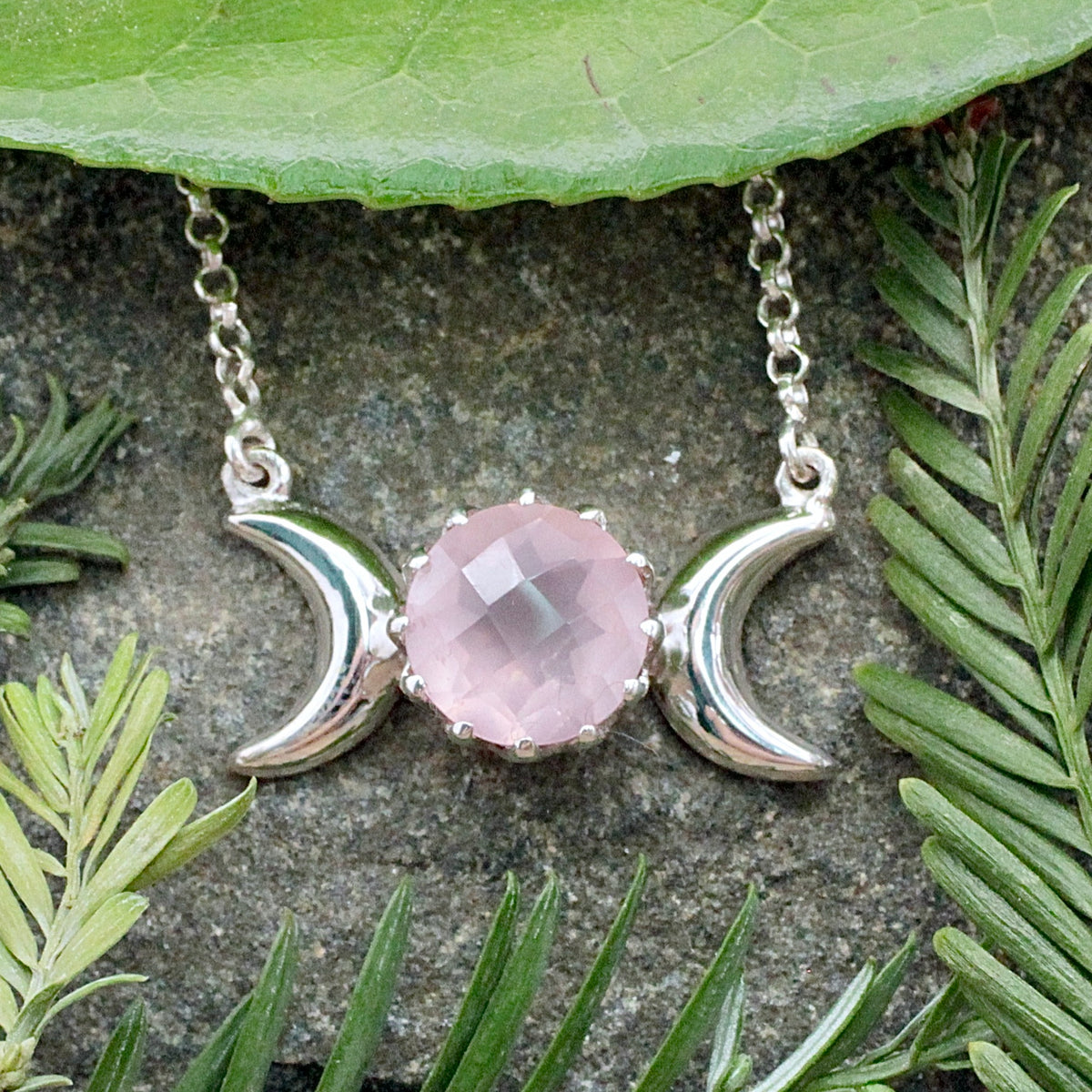 Rose Quartz Triple Moon Necklace Sterling silver