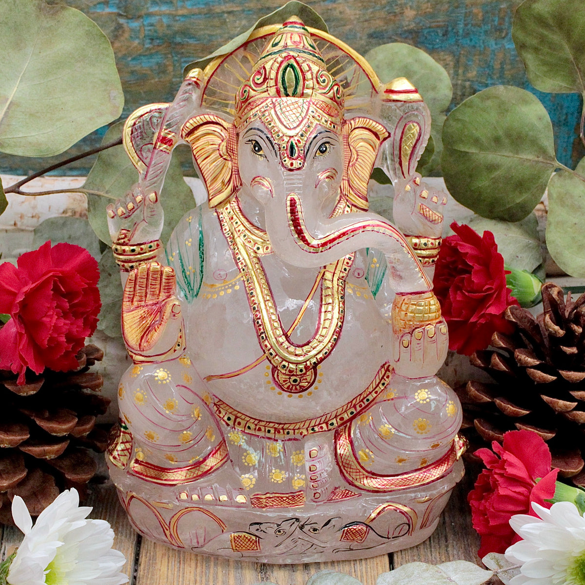 Large Quartz Ganesha Statue with Hand Painted Details
