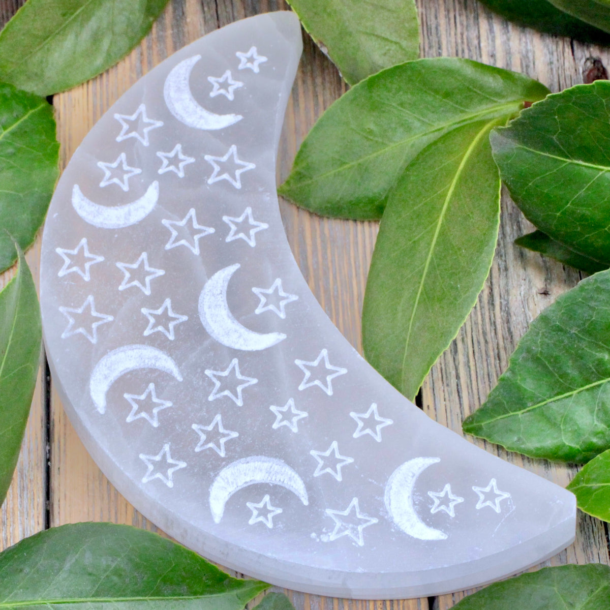 Selenite Crescent Charging Plate with Etched Moon & Stars