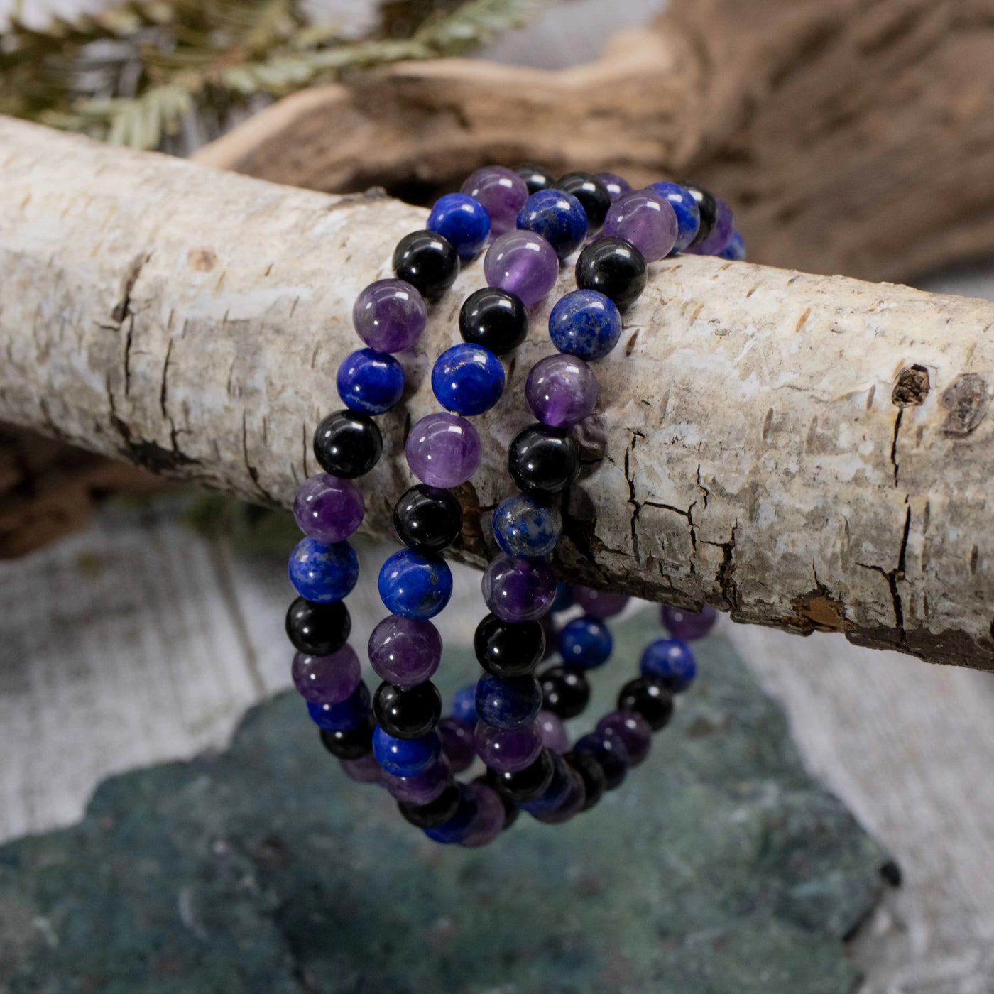 Lapis, Amethyst and Black Tourmaline Bracelet 6mm
