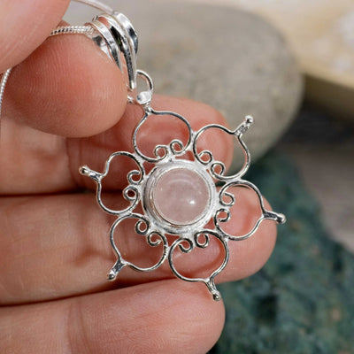 Rose Quartz & Sterling Silver Lotus Pendant