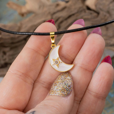 Crescent Moon Necklace w/ Star, Black or White