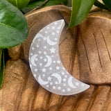 Selenite Moon With Etched Stars and Moons - Small