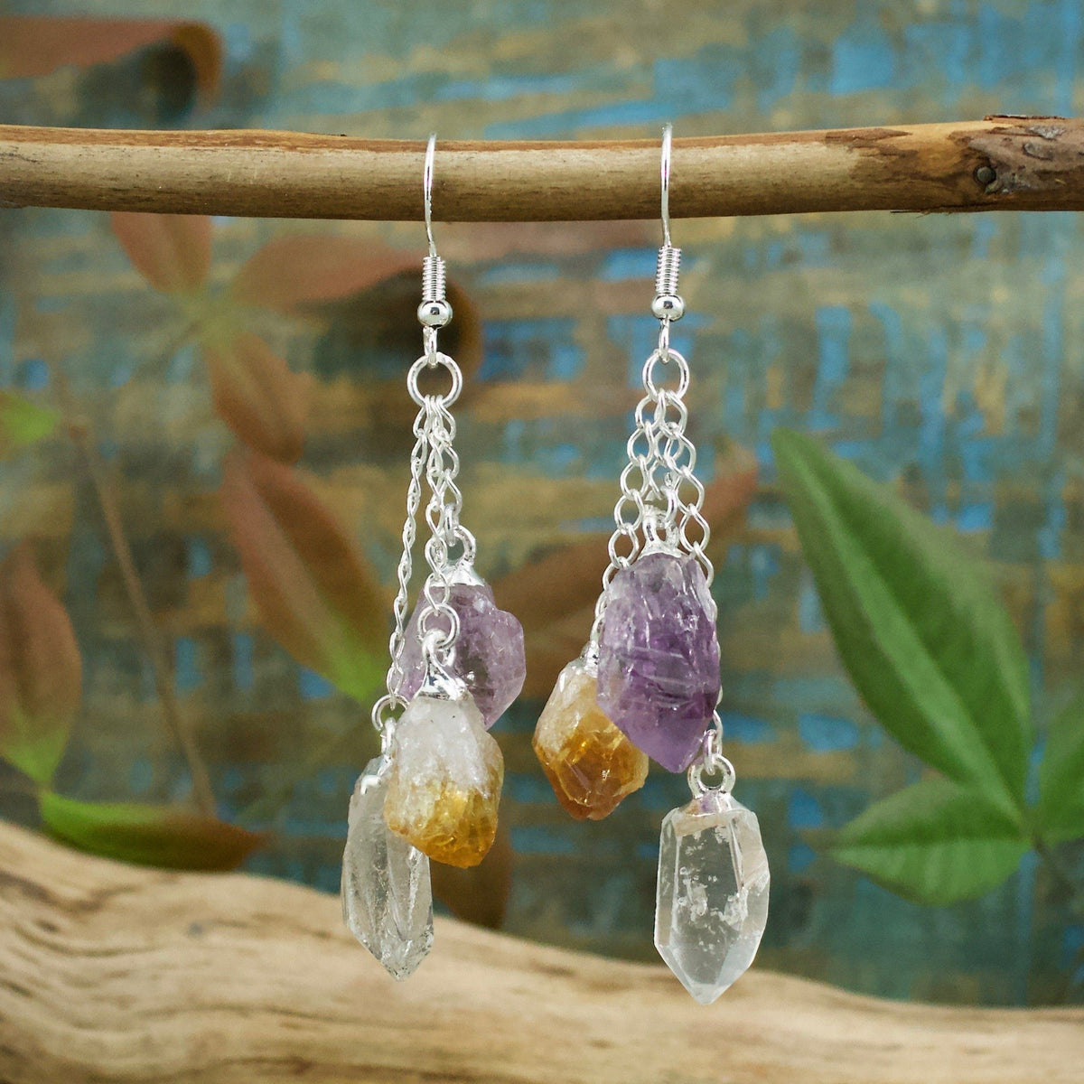 Amethyst, Citrine and Quartz Dangle Earrings